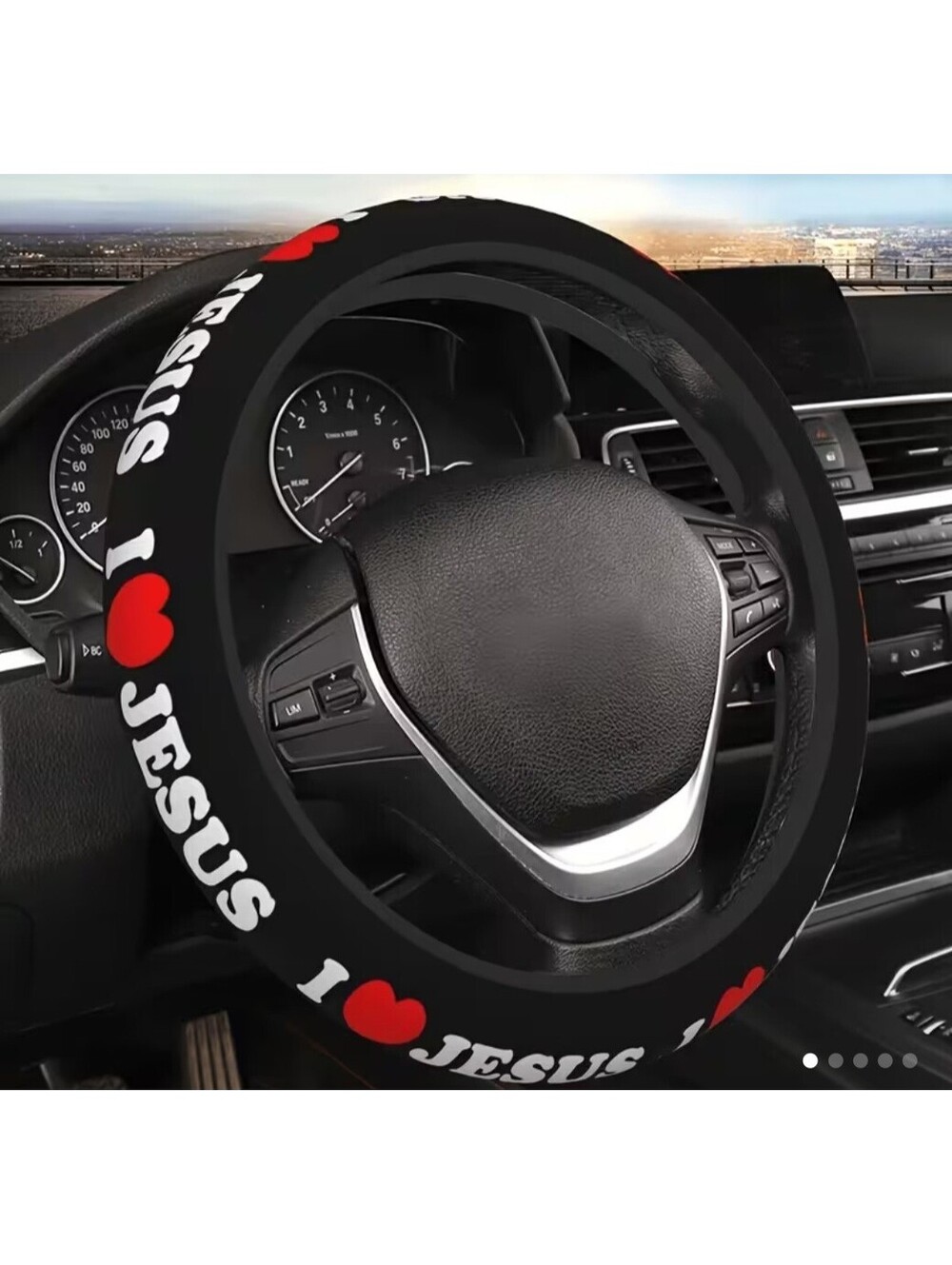 I Love Jesus Black Steering Wheel Cover w/ Red Heart Design, Fits Most Cars, 1pc